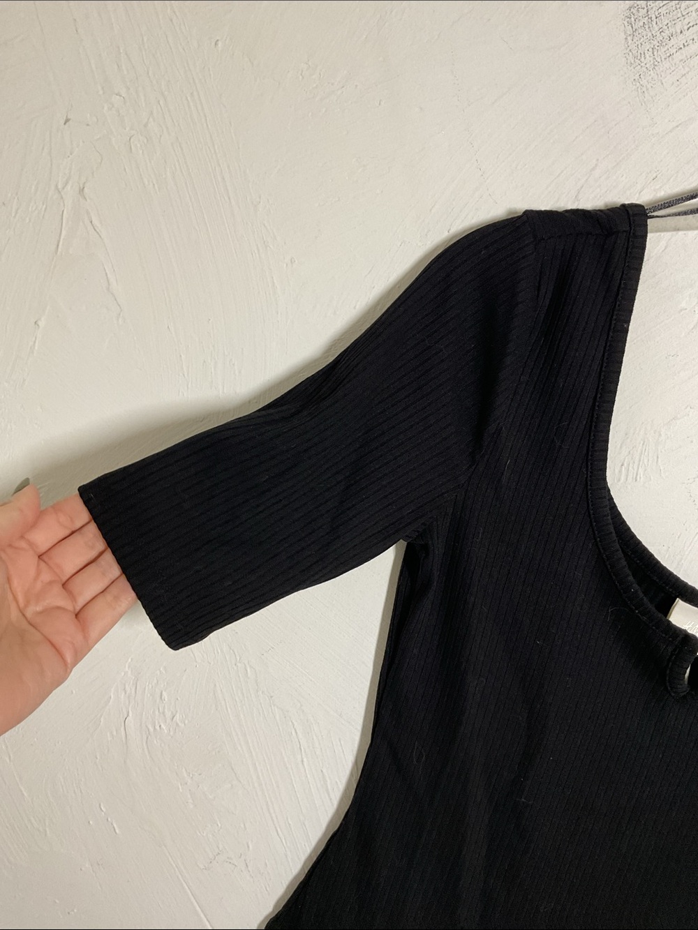 H&M Black Ribbed Notch Neck Elbow Sleeve Thong Bodysuit Size S - Picture 3 of 9